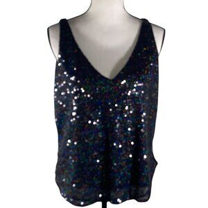 LOFT Sequin Sparkle Tank Top Sleeveless Blouse Black Multicolor glam fun party S